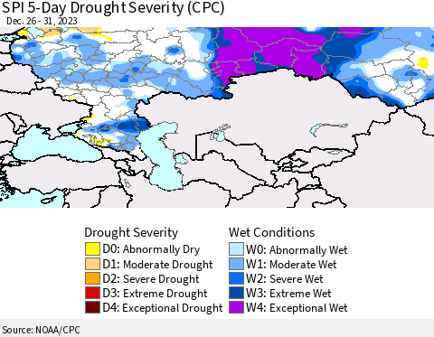 Russian Federation SPI 5-Day Drought Severity (CPC) Thematic Map For 12/26/2023 - 12/31/2023