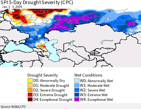 Russian Federation SPI 5-Day Drought Severity (CPC) Thematic Map For 1/1/2024 - 1/5/2024