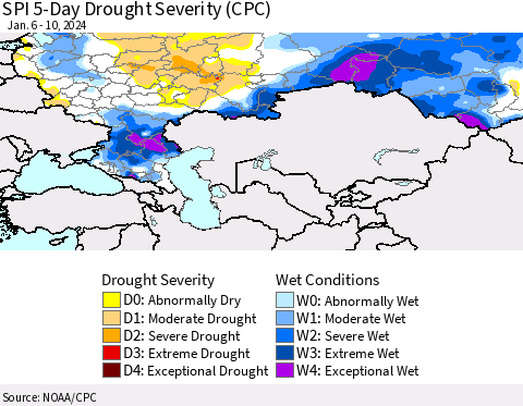 Russian Federation SPI 5-Day Drought Severity (CPC) Thematic Map For 1/6/2024 - 1/10/2024