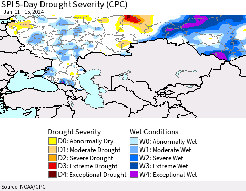 Russian Federation SPI 5-Day Drought Severity (CPC) Thematic Map For 1/11/2024 - 1/15/2024