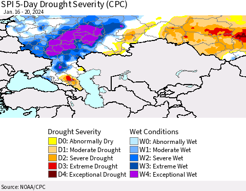 Russian Federation SPI 5-Day Drought Severity (CPC) Thematic Map For 1/16/2024 - 1/20/2024