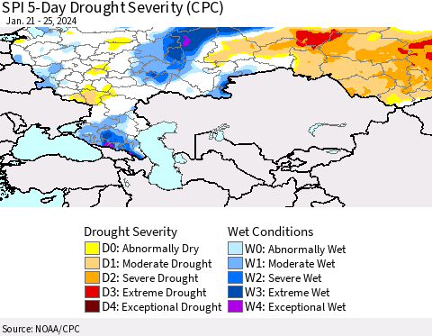 Russian Federation SPI 5-Day Drought Severity (CPC) Thematic Map For 1/21/2024 - 1/25/2024