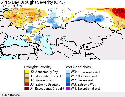 Russian Federation SPI 5-Day Drought Severity (CPC) Thematic Map For 1/26/2024 - 1/31/2024