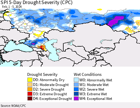 Russian Federation SPI 5-Day Drought Severity (CPC) Thematic Map For 2/1/2024 - 2/5/2024