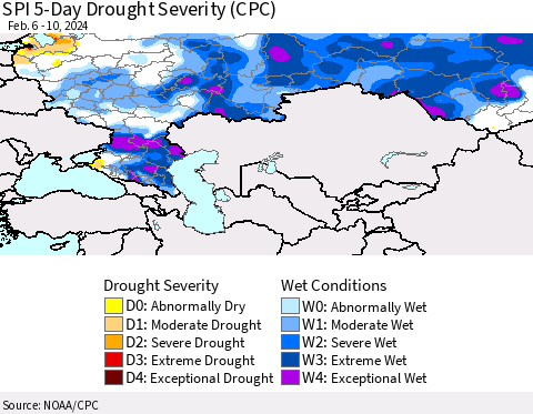 Russian Federation SPI 5-Day Drought Severity (CPC) Thematic Map For 2/6/2024 - 2/10/2024