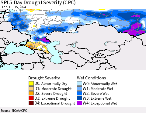 Russian Federation SPI 5-Day Drought Severity (CPC) Thematic Map For 2/11/2024 - 2/15/2024
