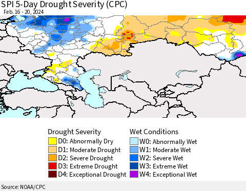 Russian Federation SPI 5-Day Drought Severity (CPC) Thematic Map For 2/16/2024 - 2/20/2024
