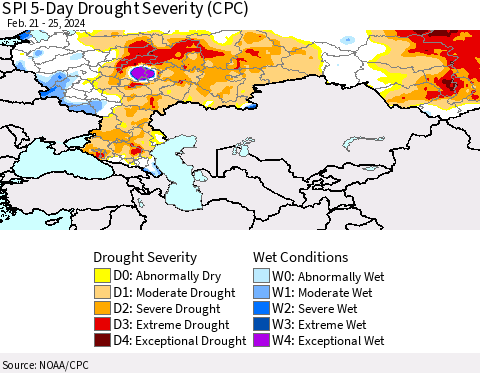 Russian Federation SPI 5-Day Drought Severity (CPC) Thematic Map For 2/21/2024 - 2/25/2024