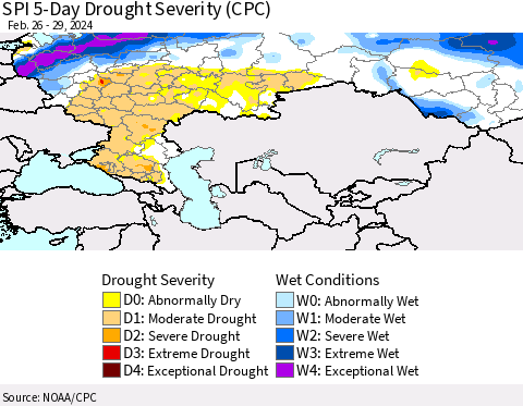 Russian Federation SPI 5-Day Drought Severity (CPC) Thematic Map For 2/26/2024 - 2/29/2024