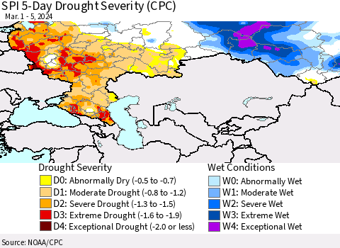 Russian Federation SPI 5-Day Drought Severity (CPC) Thematic Map For 3/1/2024 - 3/5/2024
