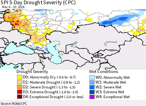 Russian Federation SPI 5-Day Drought Severity (CPC) Thematic Map For 3/6/2024 - 3/10/2024