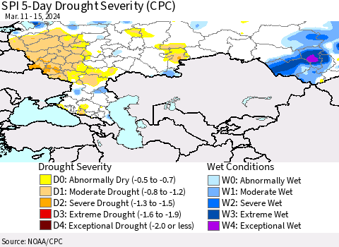 Russian Federation SPI 5-Day Drought Severity (CPC) Thematic Map For 3/11/2024 - 3/15/2024