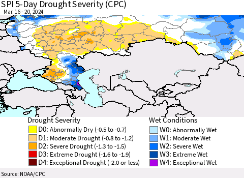 Russian Federation SPI 5-Day Drought Severity (CPC) Thematic Map For 3/16/2024 - 3/20/2024