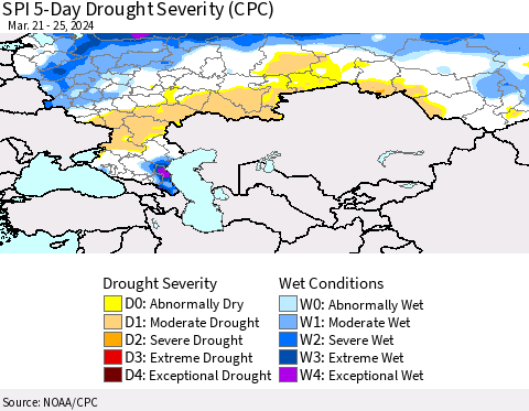 Russian Federation SPI 5-Day Drought Severity (CPC) Thematic Map For 3/21/2024 - 3/25/2024