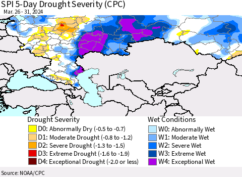Russian Federation SPI 5-Day Drought Severity (CPC) Thematic Map For 3/26/2024 - 3/31/2024