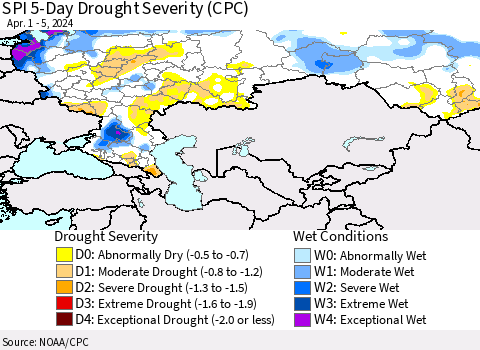 Russian Federation SPI 5-Day Drought Severity (CPC) Thematic Map For 4/1/2024 - 4/5/2024