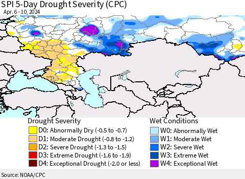 Russian Federation SPI 5-Day Drought Severity (CPC) Thematic Map For 4/6/2024 - 4/10/2024