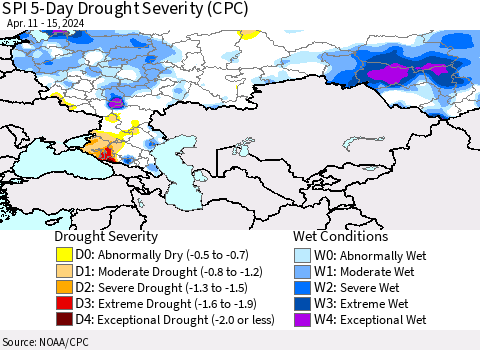 Russian Federation SPI 5-Day Drought Severity (CPC) Thematic Map For 4/11/2024 - 4/15/2024