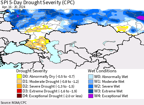 Russian Federation SPI 5-Day Drought Severity (CPC) Thematic Map For 4/16/2024 - 4/20/2024
