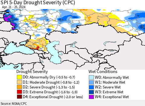 Russian Federation SPI 5-Day Drought Severity (CPC) Thematic Map For 4/21/2024 - 4/25/2024