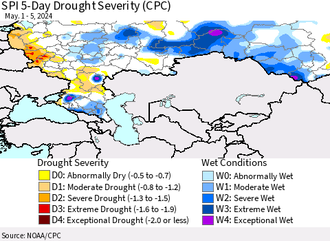 Russian Federation SPI 5-Day Drought Severity (CPC) Thematic Map For 5/1/2024 - 5/5/2024