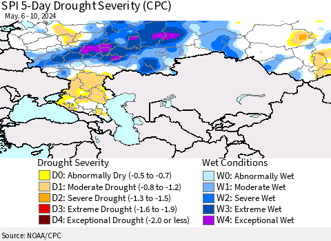 Russian Federation SPI 5-Day Drought Severity (CPC) Thematic Map For 5/6/2024 - 5/10/2024