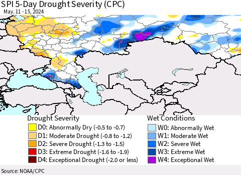 Russian Federation SPI 5-Day Drought Severity (CPC) Thematic Map For 5/11/2024 - 5/15/2024