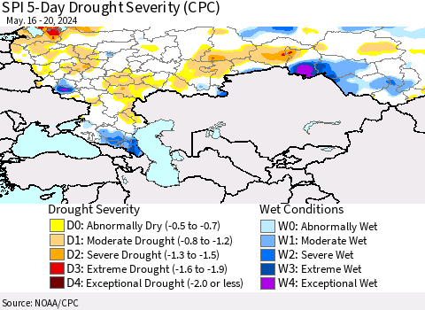 Russian Federation SPI 5-Day Drought Severity (CPC) Thematic Map For 5/16/2024 - 5/20/2024