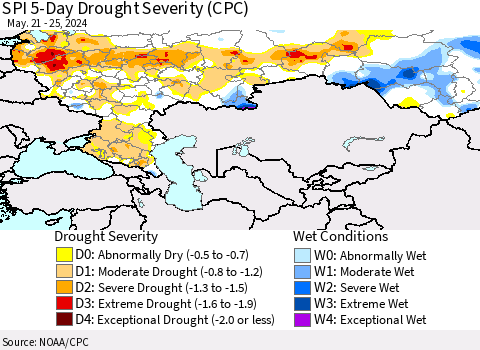 Russian Federation SPI 5-Day Drought Severity (CPC) Thematic Map For 5/21/2024 - 5/25/2024