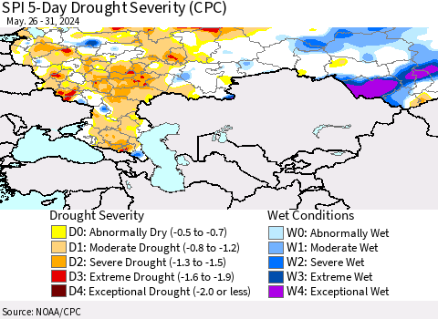 Russian Federation SPI 5-Day Drought Severity (CPC) Thematic Map For 5/26/2024 - 5/31/2024