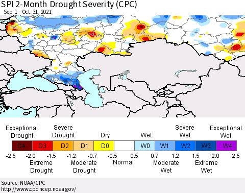 Russian Federation SPI 2-Month Drought Severity (CPC) Thematic Map For 9/1/2021 - 10/31/2021