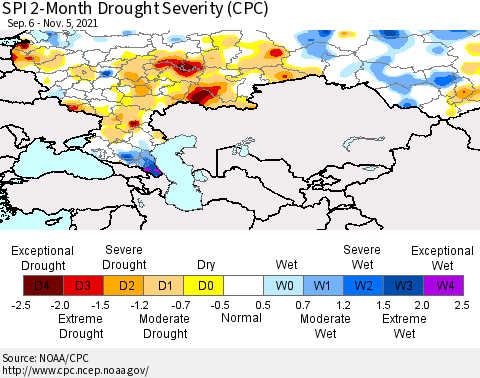Russian Federation SPI 2-Month Drought Severity (CPC) Thematic Map For 9/6/2021 - 11/5/2021