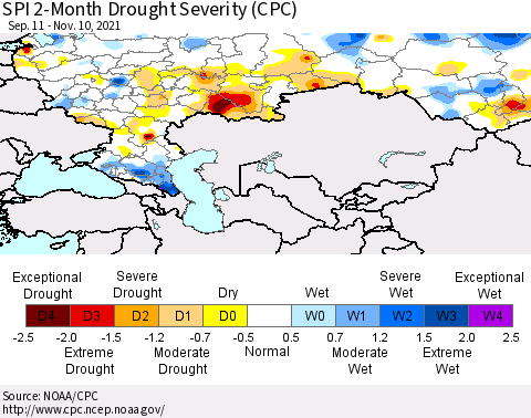 Russian Federation SPI 2-Month Drought Severity (CPC) Thematic Map For 9/11/2021 - 11/10/2021