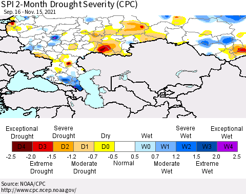 Russian Federation SPI 2-Month Drought Severity (CPC) Thematic Map For 9/16/2021 - 11/15/2021