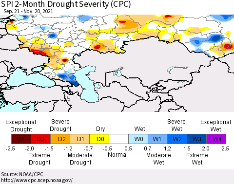Russian Federation SPI 2-Month Drought Severity (CPC) Thematic Map For 9/21/2021 - 11/20/2021