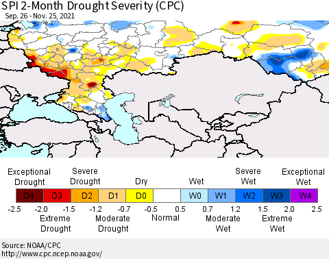 Russian Federation SPI 2-Month Drought Severity (CPC) Thematic Map For 9/26/2021 - 11/25/2021