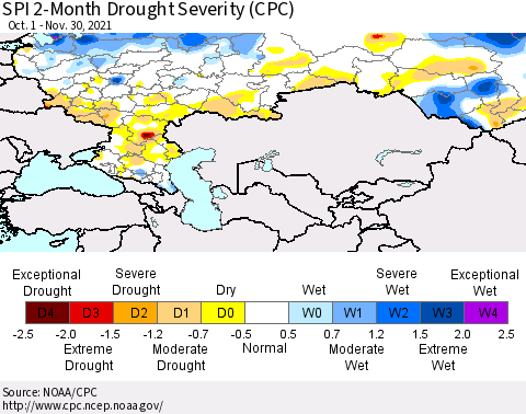 Russian Federation SPI 2-Month Drought Severity (CPC) Thematic Map For 10/1/2021 - 11/30/2021