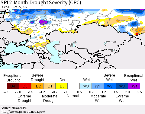 Russian Federation SPI 2-Month Drought Severity (CPC) Thematic Map For 10/6/2021 - 12/5/2021