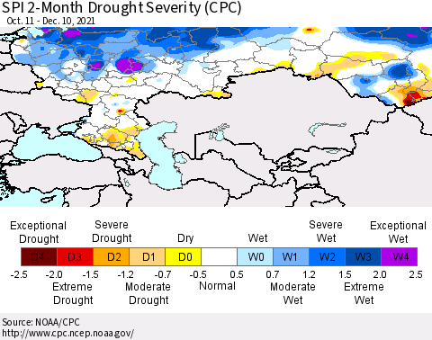 Russian Federation SPI 2-Month Drought Severity (CPC) Thematic Map For 10/11/2021 - 12/10/2021