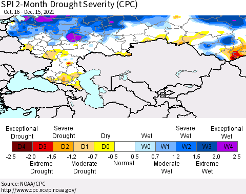 Russian Federation SPI 2-Month Drought Severity (CPC) Thematic Map For 10/16/2021 - 12/15/2021