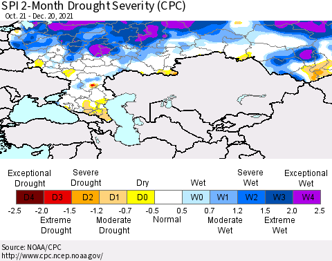 Russian Federation SPI 2-Month Drought Severity (CPC) Thematic Map For 10/21/2021 - 12/20/2021