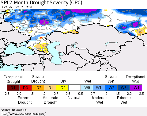 Russian Federation SPI 2-Month Drought Severity (CPC) Thematic Map For 10/26/2021 - 12/25/2021