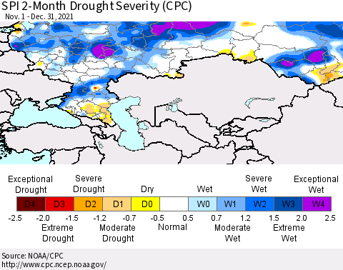 Russian Federation SPI 2-Month Drought Severity (CPC) Thematic Map For 11/1/2021 - 12/31/2021