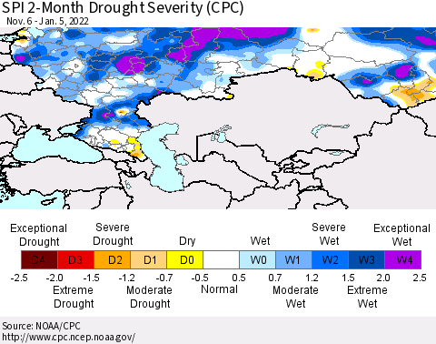 Russian Federation SPI 2-Month Drought Severity (CPC) Thematic Map For 11/6/2021 - 1/5/2022