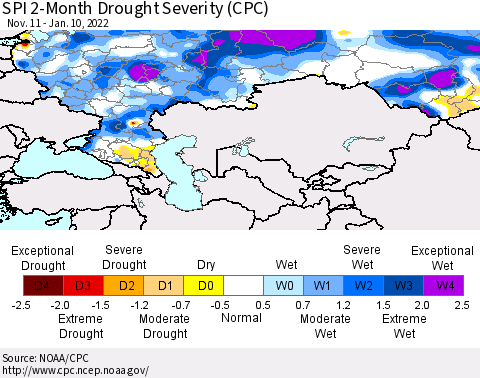 Russian Federation SPI 2-Month Drought Severity (CPC) Thematic Map For 11/11/2021 - 1/10/2022