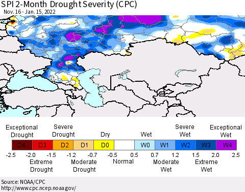Russian Federation SPI 2-Month Drought Severity (CPC) Thematic Map For 11/16/2021 - 1/15/2022