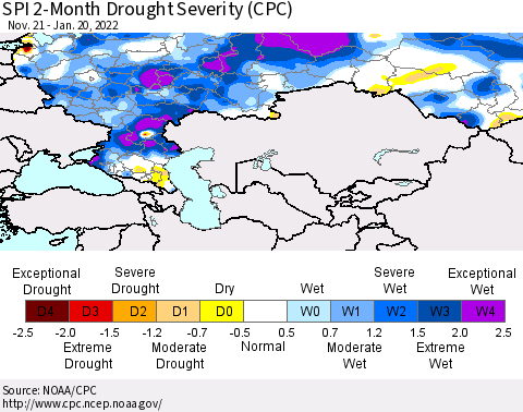 Russian Federation SPI 2-Month Drought Severity (CPC) Thematic Map For 11/21/2021 - 1/20/2022
