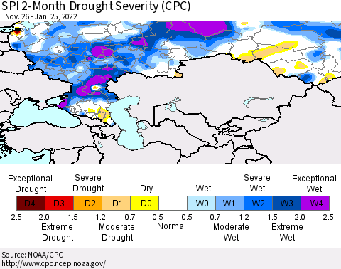 Russian Federation SPI 2-Month Drought Severity (CPC) Thematic Map For 11/26/2021 - 1/25/2022