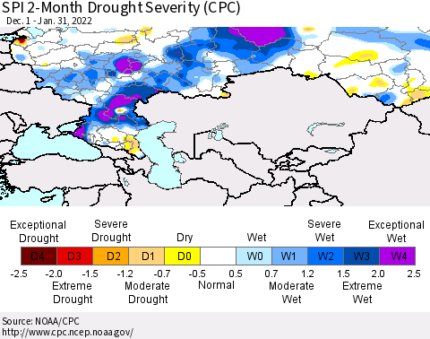 Russian Federation SPI 2-Month Drought Severity (CPC) Thematic Map For 12/1/2021 - 1/31/2022