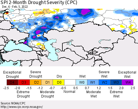 Russian Federation SPI 2-Month Drought Severity (CPC) Thematic Map For 12/6/2021 - 2/5/2022